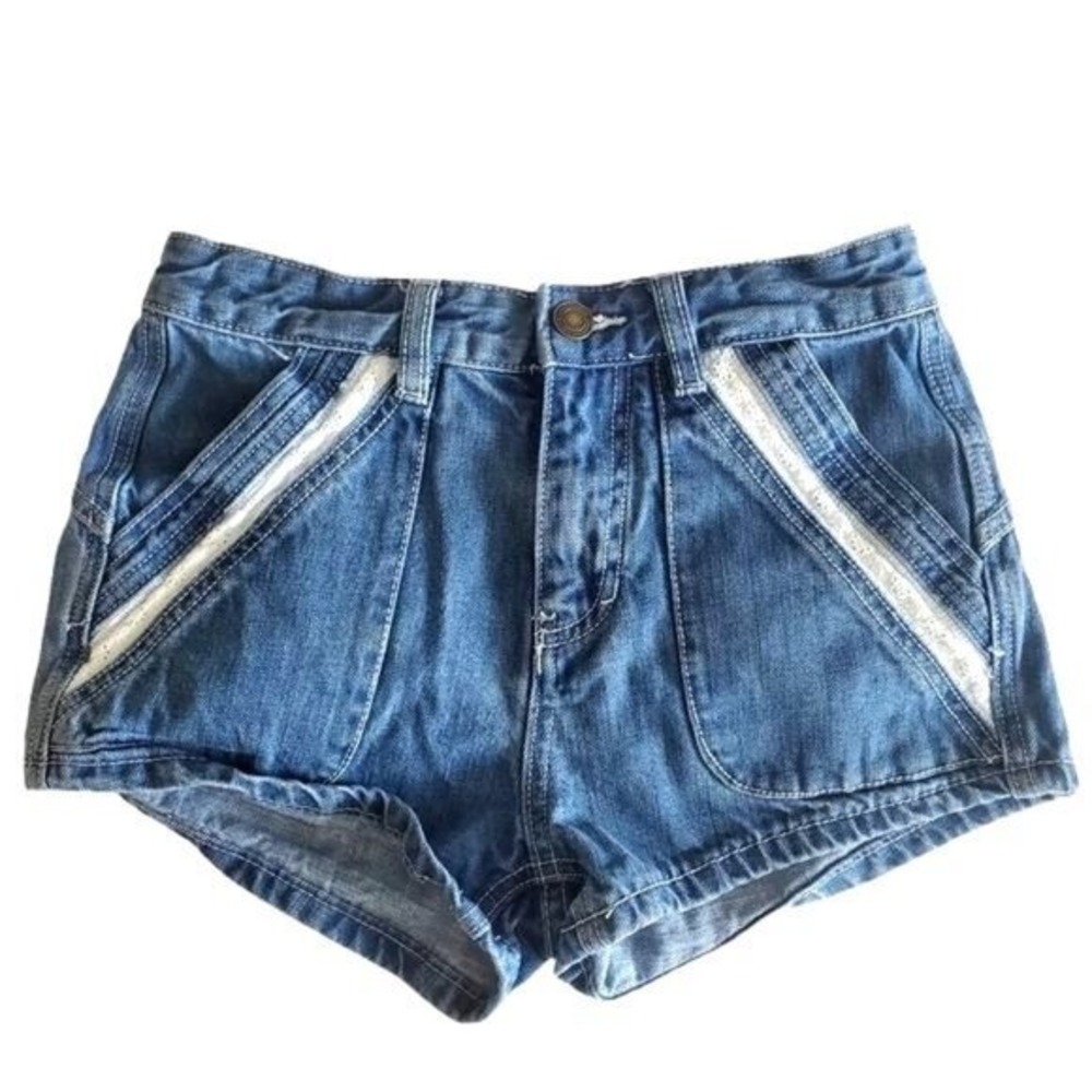 Free People Womens Retro Festival Denim Shorts 24 Blue Lace Trim Patch Pocket